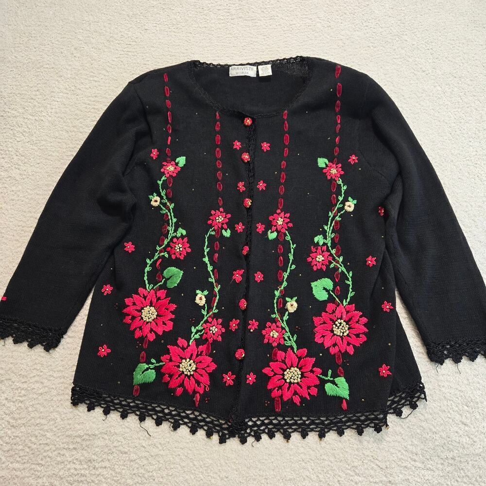 Vtg Arriviste Woman Embroidered Button-up Christmas Cardigan Sweater Size 14/16